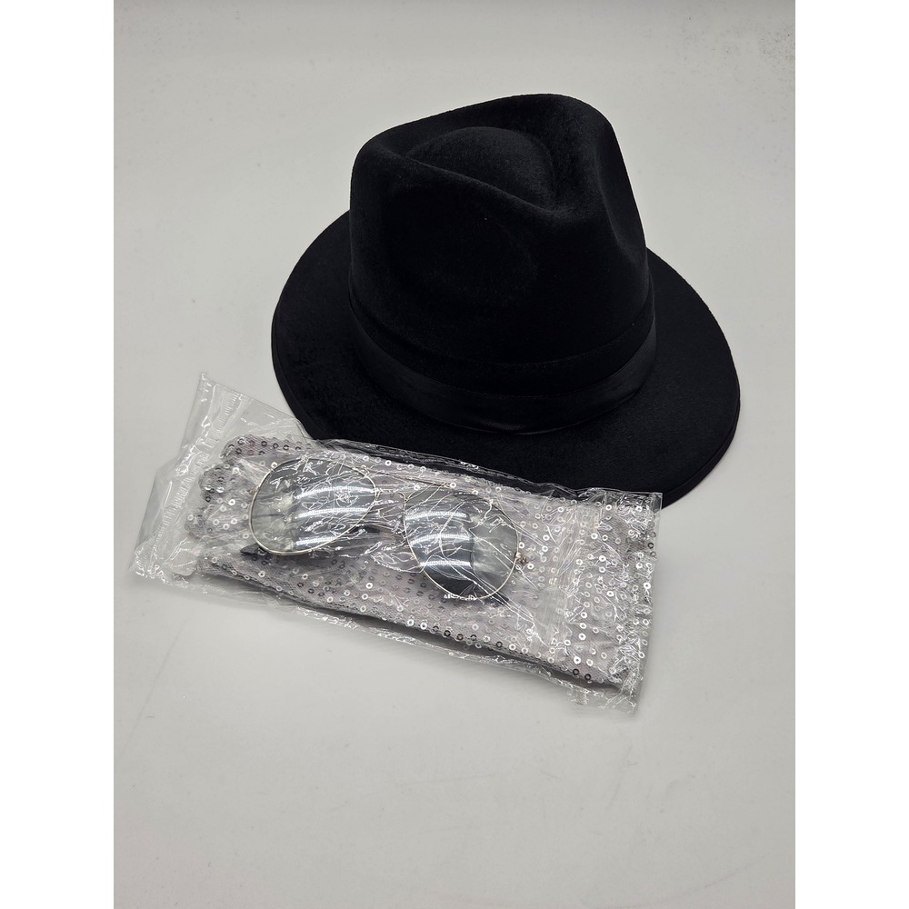 Black Fedora Hat Silver Sequin Gloves Aviator Glasses Costume Set 101-872